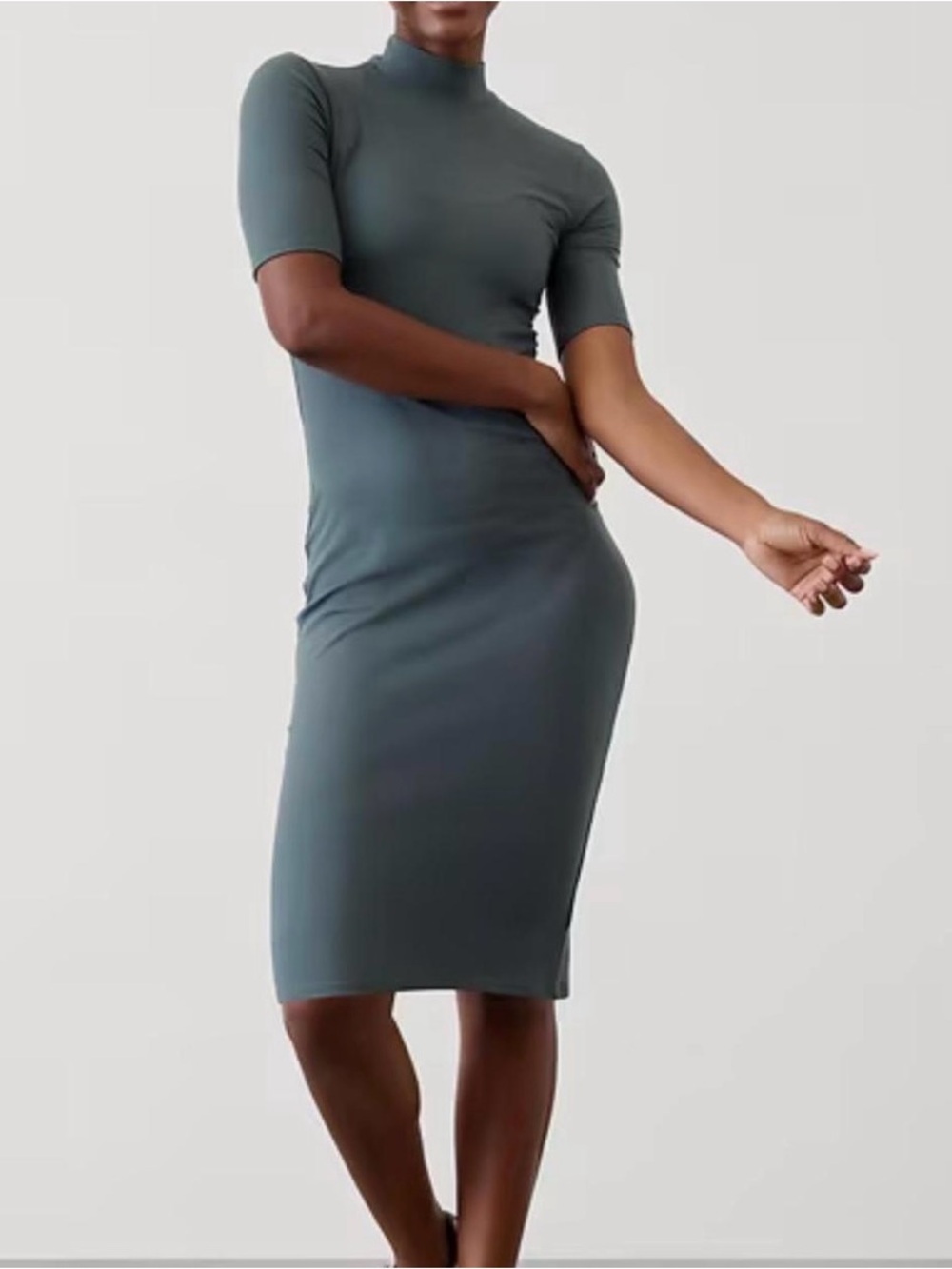 Athleta High-Neck Short-Sleeve Midi Dress in Charcoal Teal